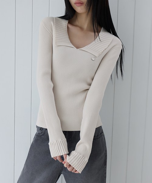Open Collar Rib Knit Top, 2colors