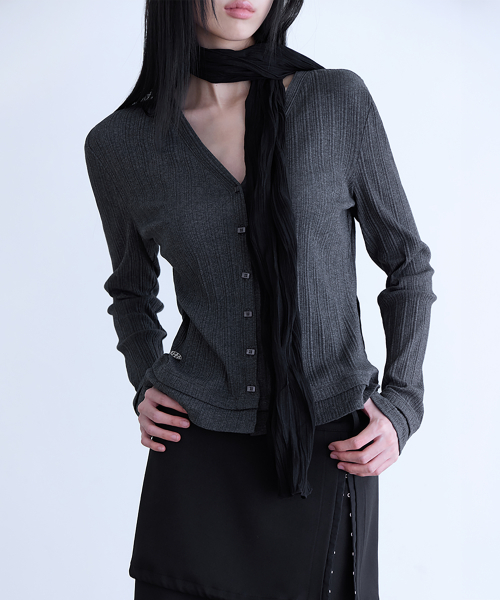 Pleated Layered Slim Cardigan, D.CHARCOAL