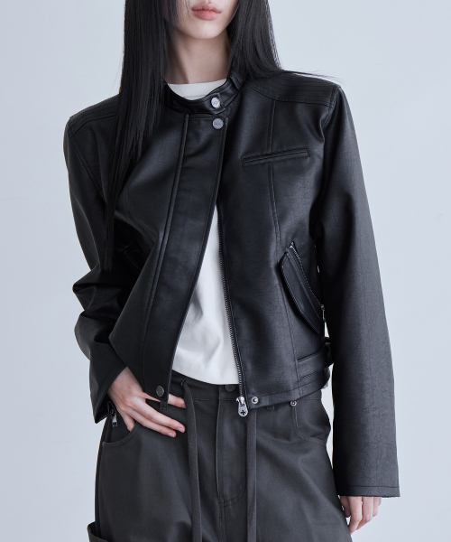 Regular-Fit Faux Leather Single Rider Jacket, BLACK