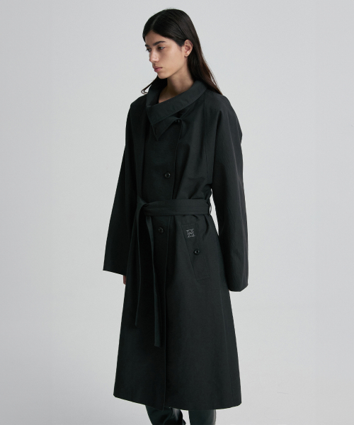 FUNNEL NECK BELTED TRENCH COAT BLACK
