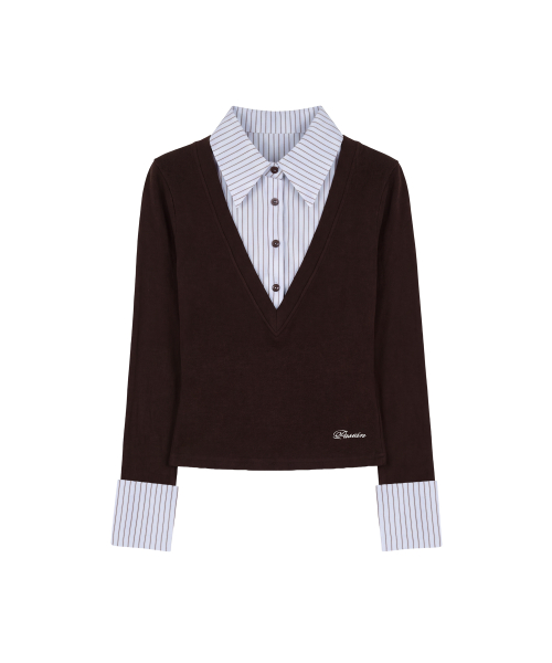 클로딘 카라 레이어드 니트 셔츠_브라운 Claudine Collar Layered Knit Shirt_Brown