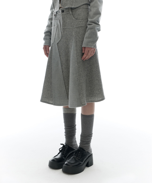 Raw-Cut Knit Midi Skirt / Grey
