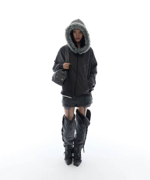 Hotfix Fur Hoodie Zip-up / Charcoal