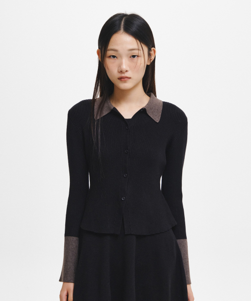 woman collar-sleeve color-blocked slim cardigan [black]