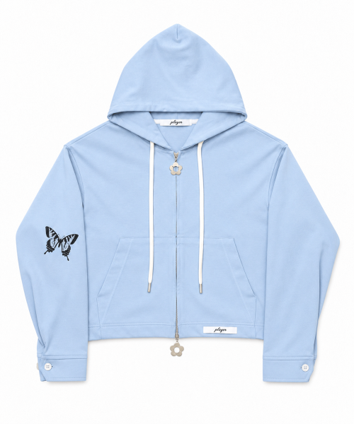 Butterfly Cropped Shirt Hoodie Zip-up (Light blue)