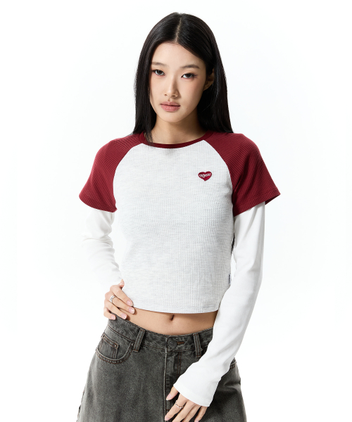 COLOR-MIX RAGLAN WAFFLE T-SHIRT(DEEP RED)