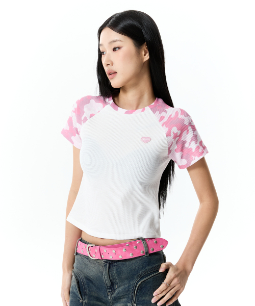 COLOR-MIX RAGLAN WAFFLE T-SHIRT(LIGHT PINK)