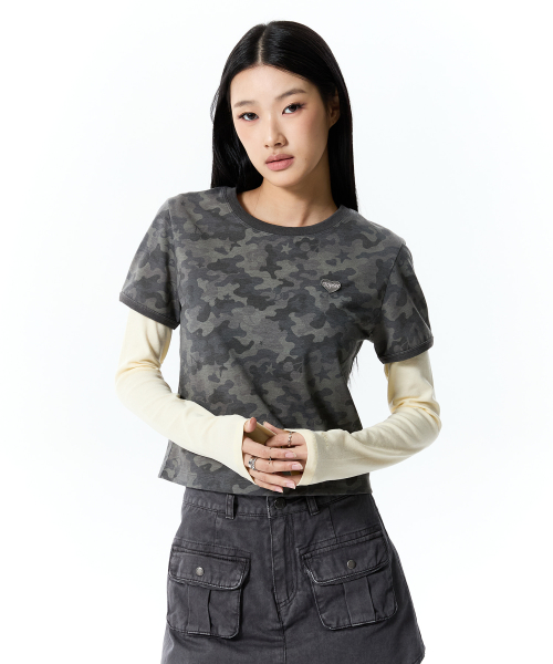 CHERRY CAMO RINGER T-SHIRT(BLACK)
