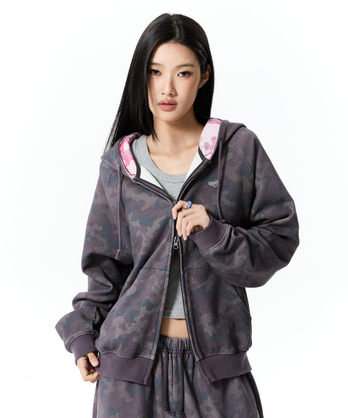 CHERRY CAMO LOOSE-FIT HOODED ZIP-UP(DARK PURPLE)