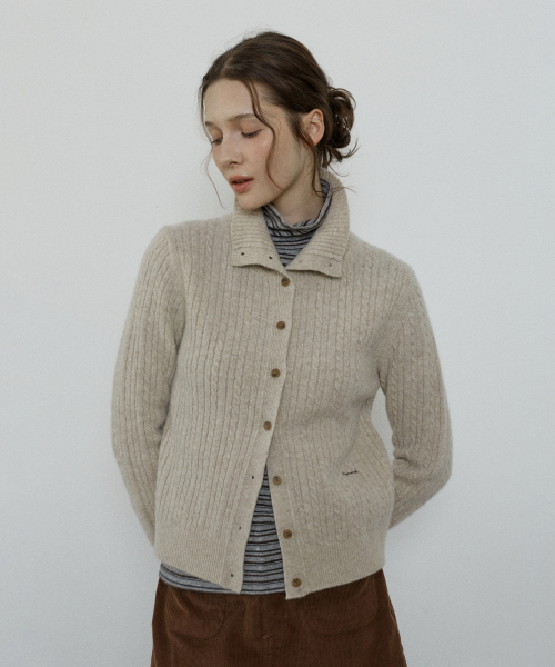 cashmere blend high neck cable cardigan - oatmeal