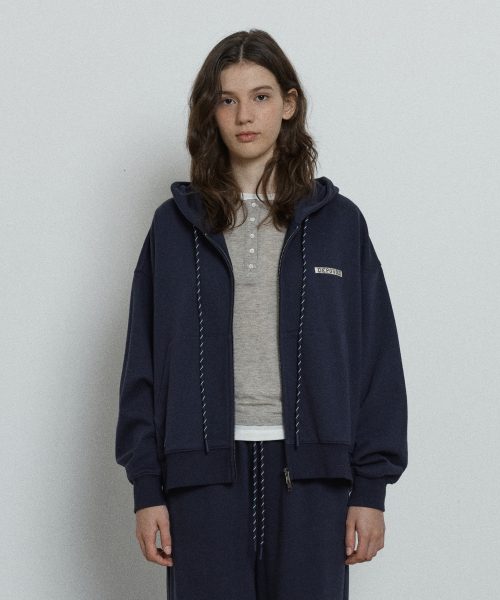 relaxed hood zip up - navy