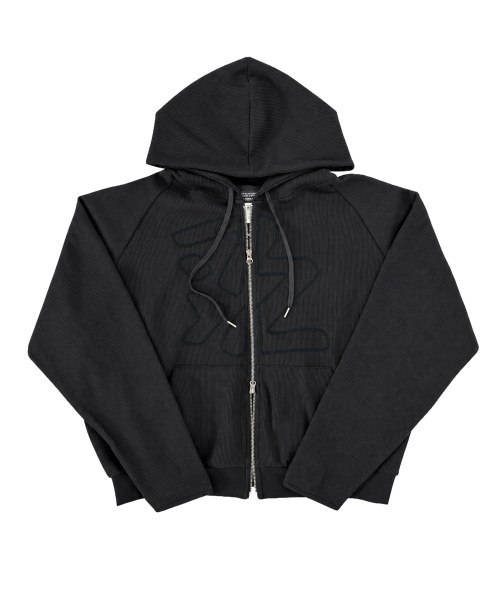 Waffle Thumbhole Zip-Up Hoodie Black [TRACK 003]
