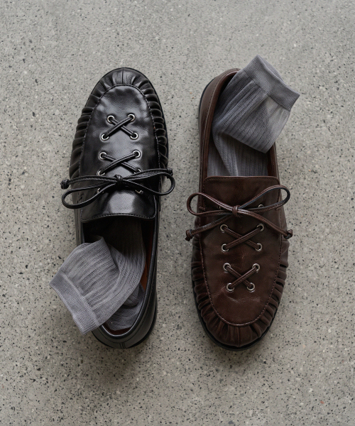 Shirring Lace-up Ribbon Loafers (att1506)