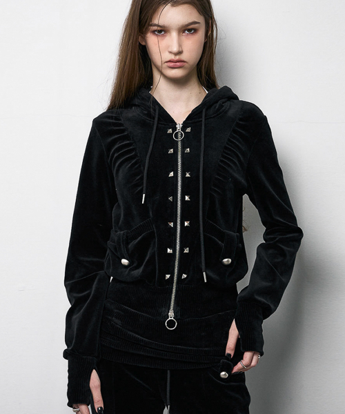 Stud Velour Hood Zip Up (BLACK)