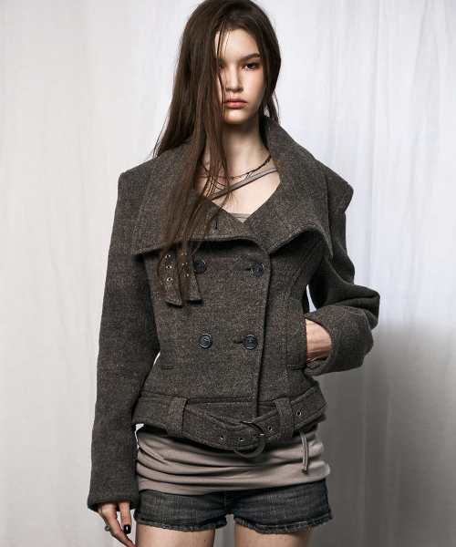 Double-Belted High-Neck Coat (Brown)