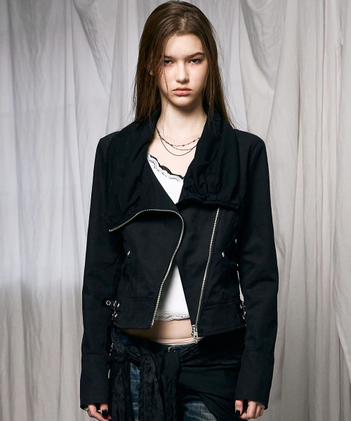 Drape Neck Biker Jacket (BLACK)