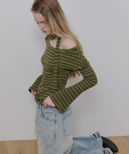 Striped Off-Shoulder Knit_Green