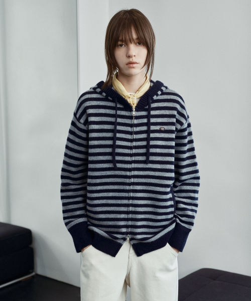 Striped Hooded Zip-Up Knit J1KT721A