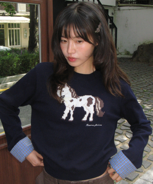 PONY CHECK CUFFS KNIT PULLOVER NAVY