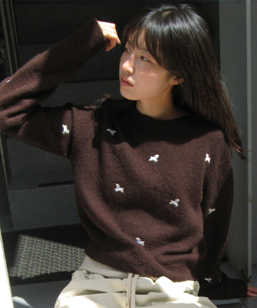RIBBON SHEEP PATTERN KNIT PULLOVER BROWN