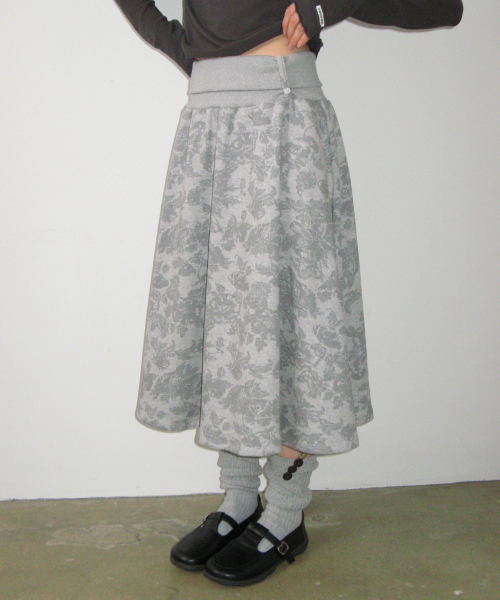 FLORAL SWEAT FLARE SKIRT GREY