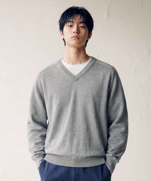 Layer Cotton V-neck Long Sleeve Knit Gray SJKN2719
