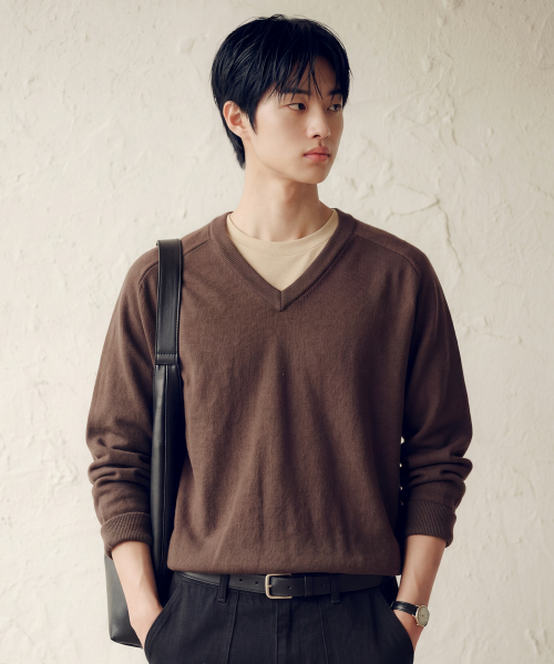 Layer Cotton V-neck Long Sleeve Knit Brown SJKN2719