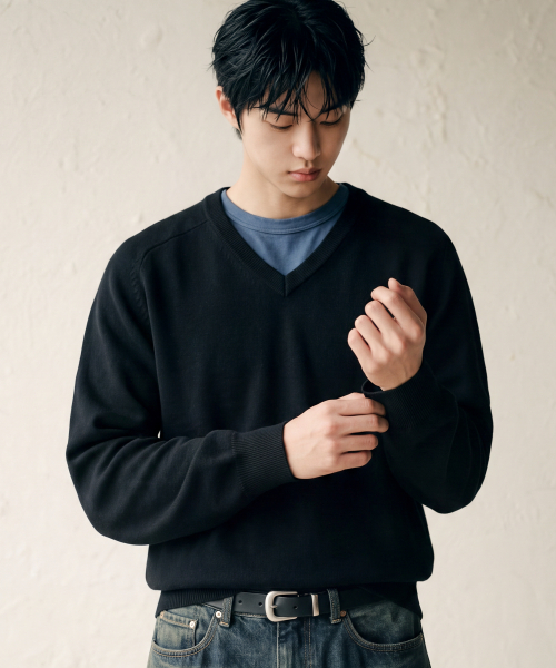 Layer Cotton V-neck Long Sleeve Knit Black SJKN2719
