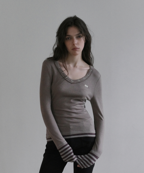 STUD V NECK PULLOVER [ASH BROWN]