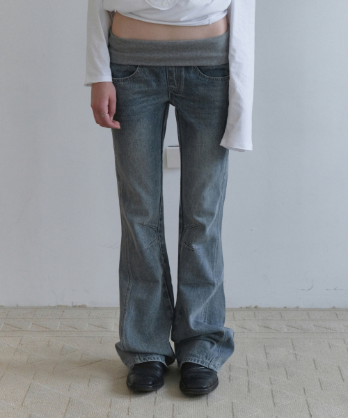 RIBBED WAIST BOOTCUT JEANS [BLUE]