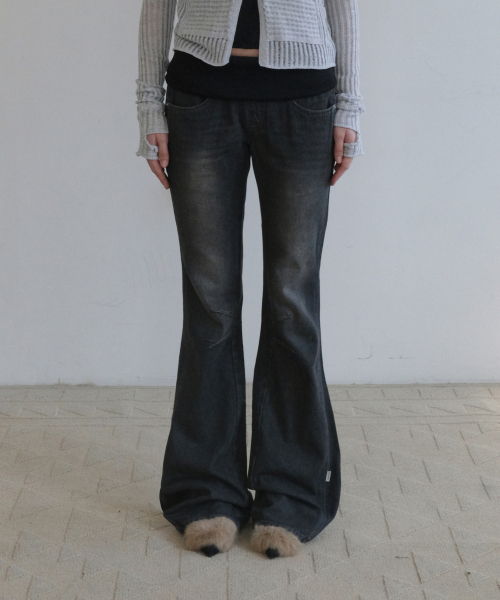 RIBBED WAIST BOOTCUT JEANS [BLACK]