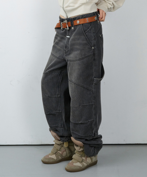 ROUND DOUBLE KNEE DENIM PANTS BLACK