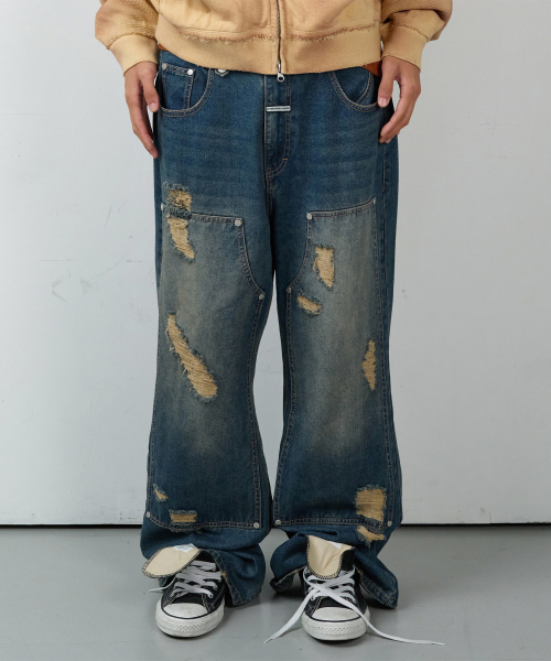 DESTROYED BOOTS CUT DENIM PANTS BLUE