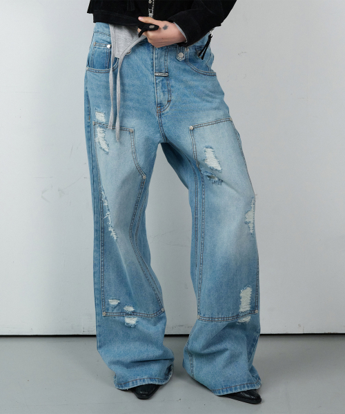 DESTROYED BOOTS CUT DENIM PANTS LIGHT BLUE