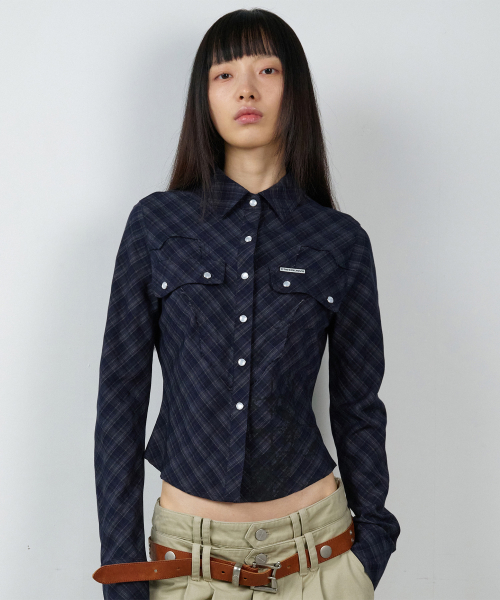 PAINTING CROP CHECK SHIRTS(W) NAVY