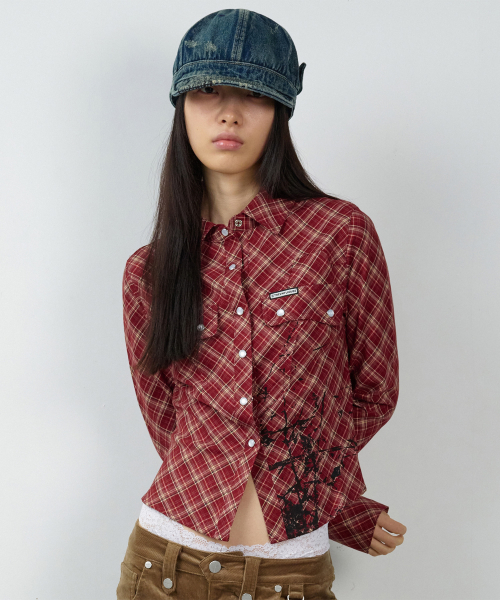 PAINTING CROP CHECK SHIRTS(W) RED