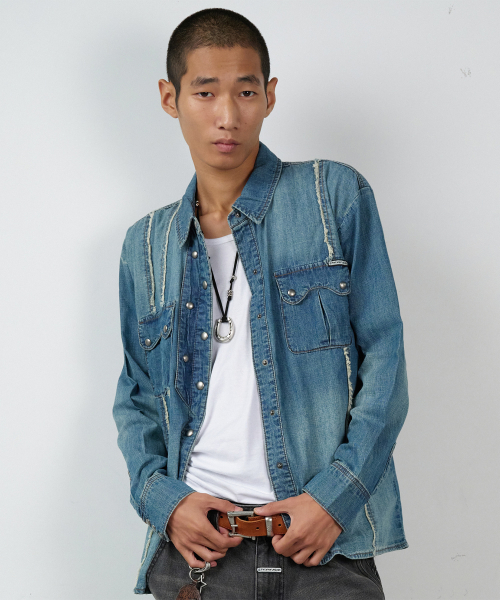 DOUBLE PLACKETS DENIM SHIRTS BLUE