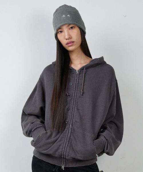 BUTTON WASHED HOODIE ZIP-UP PURPLE