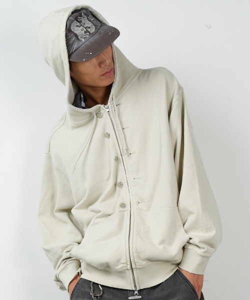 BUTTON WASHED HOODIE ZIP-UP BEIGE