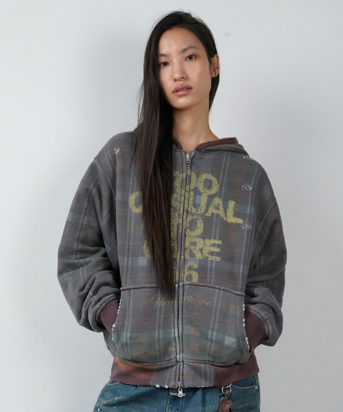 REVERSIBLE CHECK HOODIE ZIP-UP BROWN