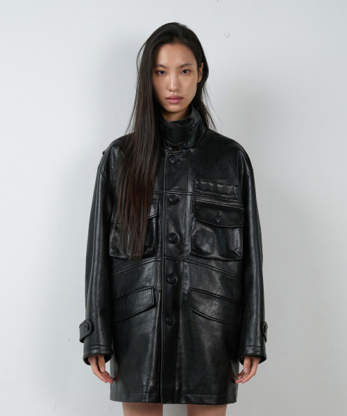 4 POCKET LEATHER CAR COAT BLACK