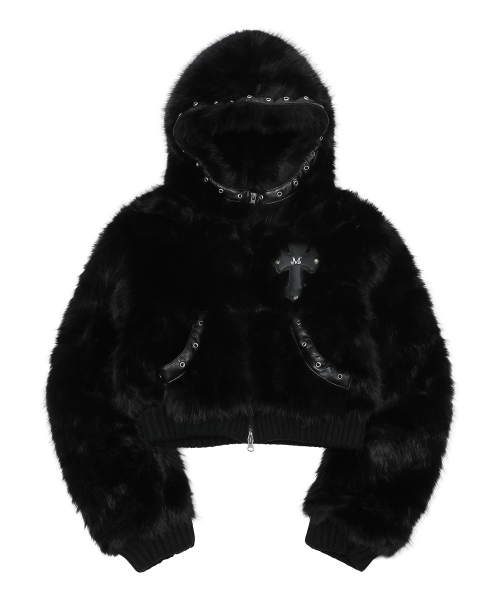 XARQ CROSS LEATHER PATCH FUR CROP HOOD ZIP-UP