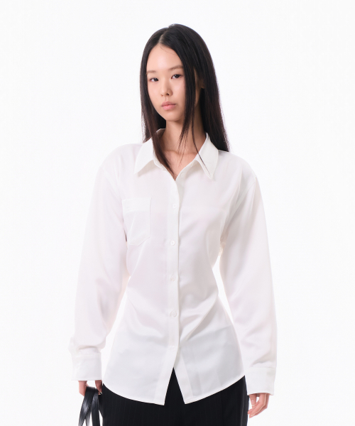 LOOSE FIT BELTED SATIN SHIRTS (WHITE)