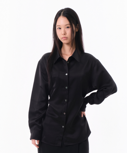 LOOSE FIT BELTED SATIN SHIRTS (BLACK)