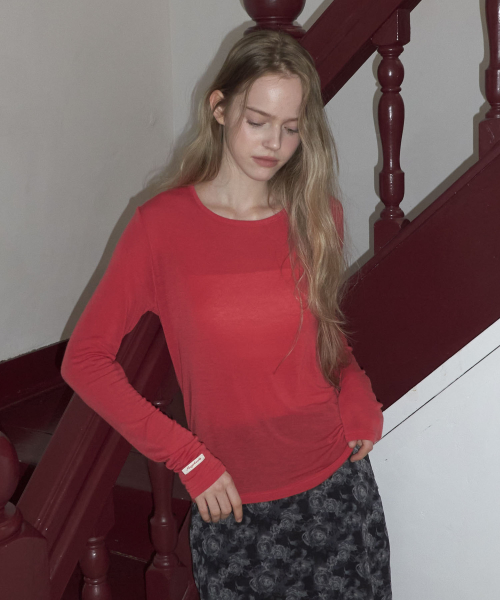 Sheer Layered Long Sleeve T Shirt_Red