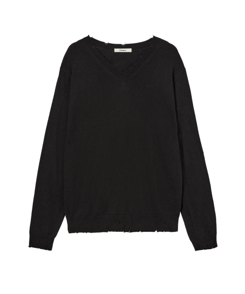 V-NECK DISTRESSED BASIC PULLOVER IN BLACK