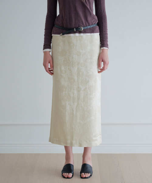 Floral Jacquard Satin Long Skirt_Green