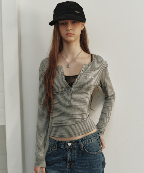 STRIPED HENLEY NECK TOP_GRAY