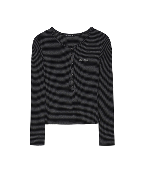 STRIPED HENLEY NECK TOP_BLACK
