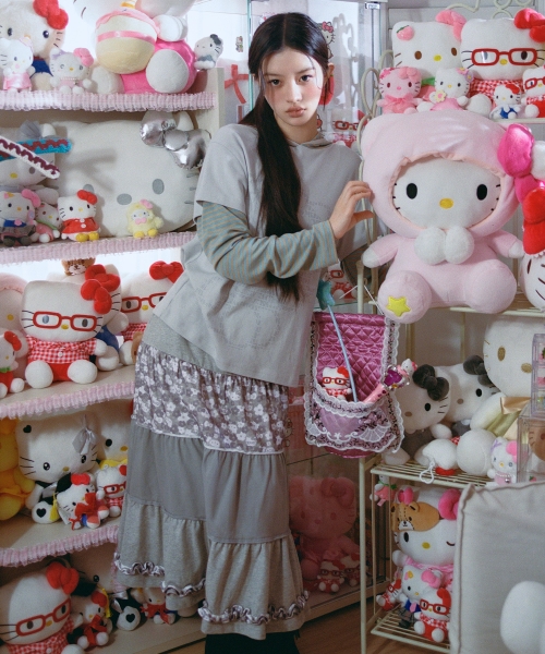 HELLO KITTY TIERED FRILL SKIRT [MELANGE GREY]
